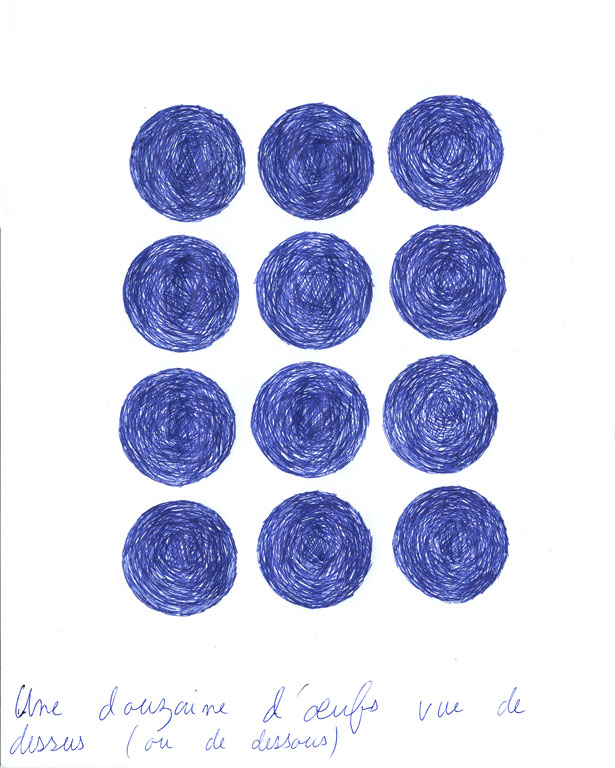 Claude Closky, ‘Une douzaine d’œufs vue de dessus (ou de dessous) [a dozen eggs seen from above (or from below)],’ 1991, ballpoint pen on paper, 30 x 24 cm.